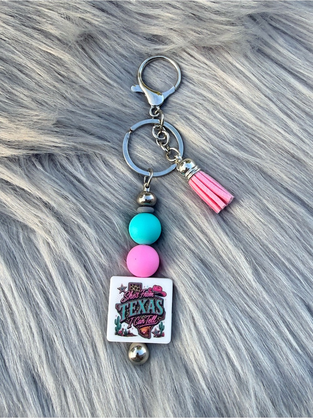 Pink & Turquoise She’s From Texas Charm Keychain with Tassel